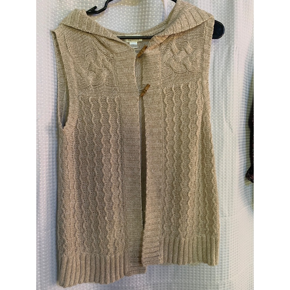 Christopher & Banks Womens Tan Cable Knit Hooded Toggle Sweater Vest Size Medium